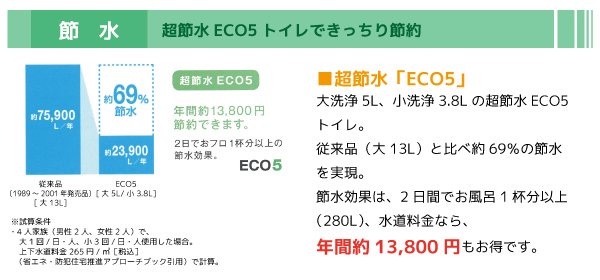 超節水ECO5　大洗浄5L、小洗浄3.8Lの超節水。従来品と比べ約69％の節水を実現。