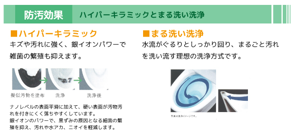 キズや汚れに強く、銀イオンパワーで雑菌の繁殖を抑えるハイパーキラミック。水流がぐるりとしっかり回り、まるごと汚れを洗い流すまる洗い洗浄。