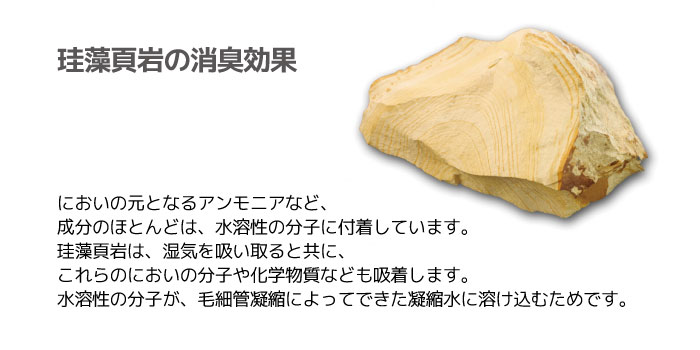 珪藻頁岩の消臭効果 においの元となるアンモニアなど、成分のほとんどは、水溶性の分子に付着しています。珪藻頁岩は、湿気を吸い取ると共に、これらのにおいの分子や化学物質なども吸着します。水溶性の分子が、毛細管凝縮によってできた凝縮水に溶け込むためです。