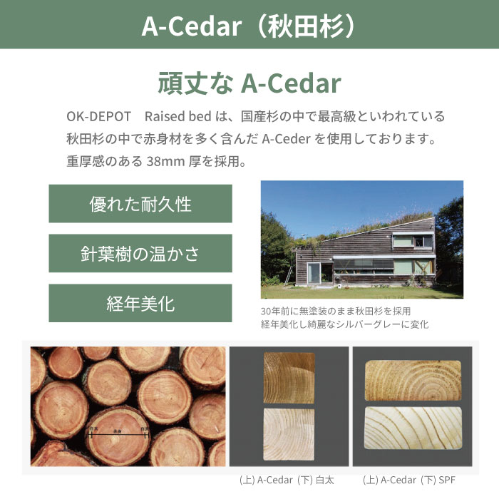 A-Cedar（秋田杉） OK-DEPOT　Raised bedは、国産杉の中で最高級といわれている秋田杉の中で赤身材を多く含んだA-Cedarを使用しております 重厚感のある38mm厚を採用 優れた耐久性 針葉樹の温かさ 経年美化 30年前に無塗装のまま秋田杉を採用 経年美化し綺麗なシルバーグレーに変化