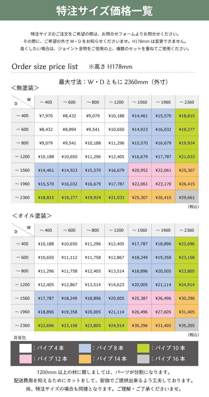 特注サイズ価格一覧